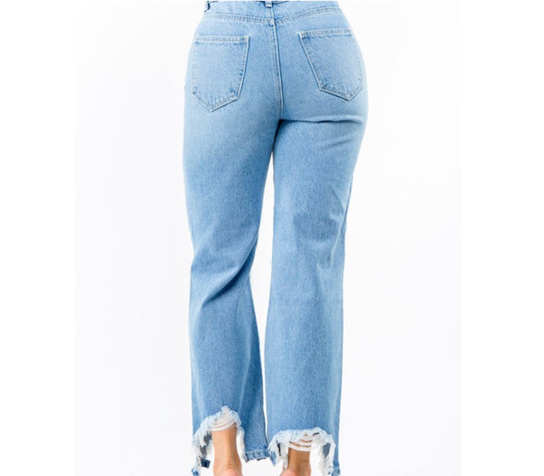High Waist Distressed Wide Leg Jean