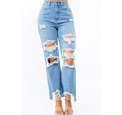 High Waist Distressed Wide Leg Jean