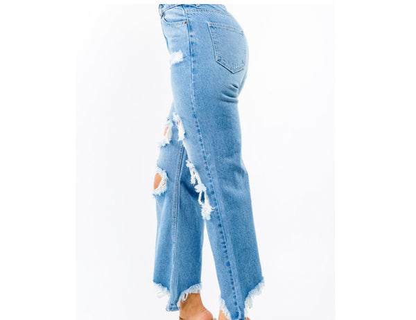 High Waist Distressed Wide Leg Jean