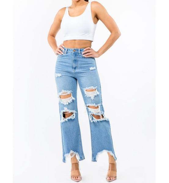 High Waist Distressed Wide Leg Jean