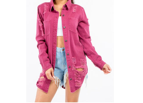 Distressed Long Length Denim Shirt