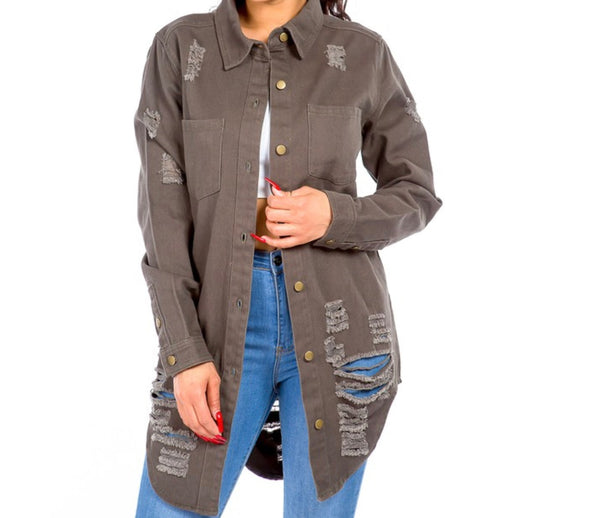 Distressed Long Length Denim Shirt